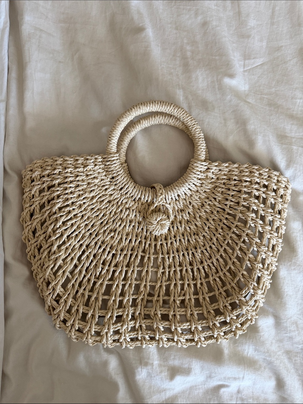Woven Cream Straw Bag with Round Handles